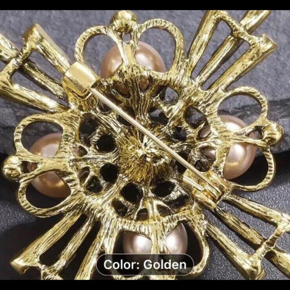 💎 Costume Rhinestone Pearl Gold Tone Fashion Brooch - Picture 3 of 6